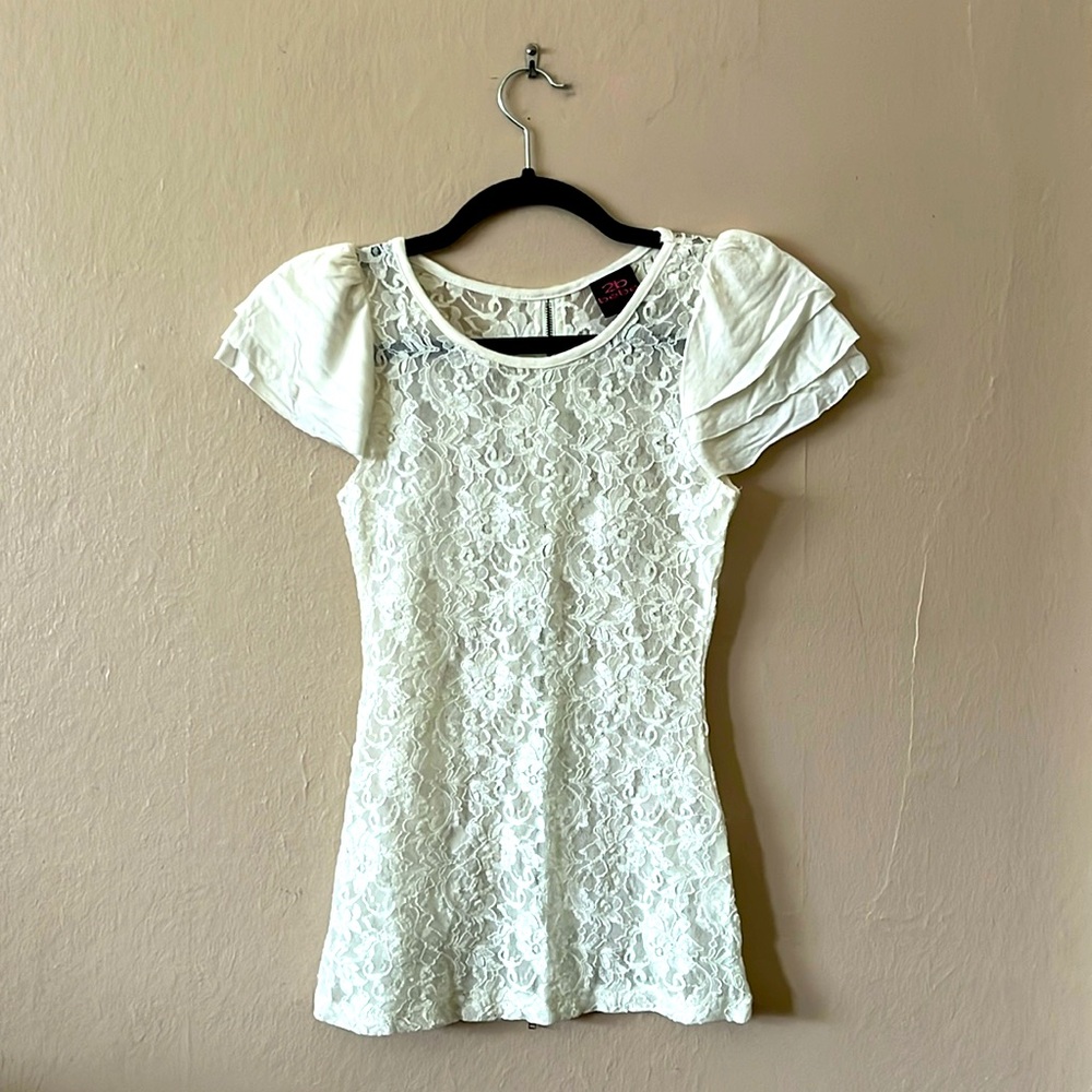 2b bebe Sheer Lace Zipper White Top XS